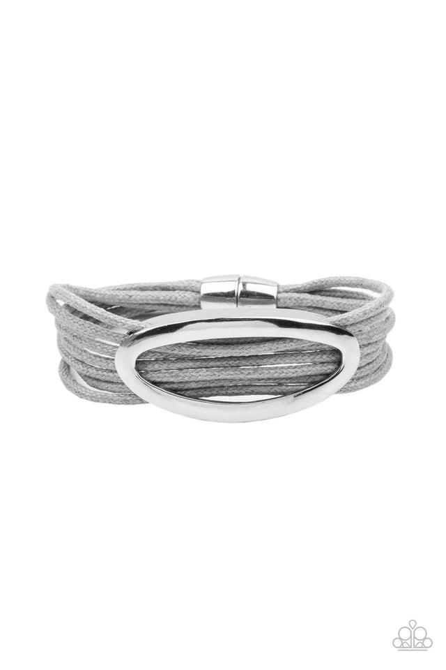 Paparazzi Accessories Corded Couture - Silver An oval silver fitting glides along strands of gray cording, creating colorful layers around the wrist. Features a magnetic closure. Sold as one individual bracelet. Jewelry