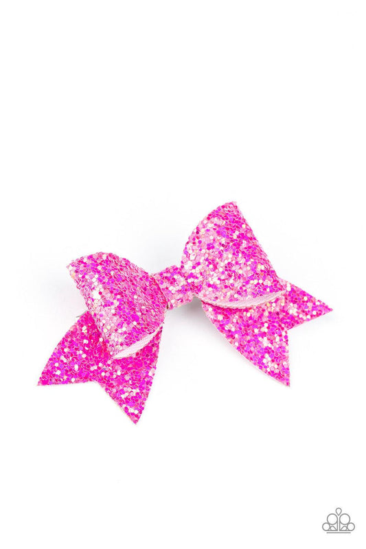 Paparazzi Accessories Confetti Princess - Pink Dusted in pink sequins, glittery leather pieces delicately knot into a dainty bow. Features a standard hair clip on the back. Sold as one individual hair clip. Hair Accessories