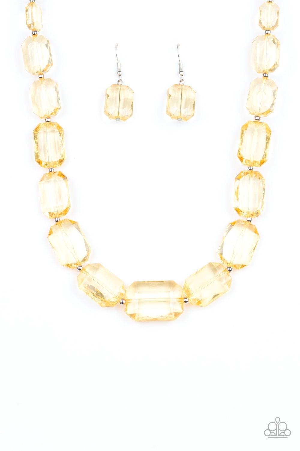 Paparazzi Accessories ICE Versa - Yellow Infused with dainty silver beads, glassy yellow emerald-cut beads gradually increase in size as they drape below the collar. Features an adjustable clasp closure. Jewelry