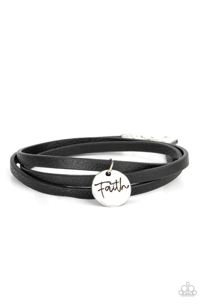 Paparazzi Accessories Wonderfully Worded - Black A hammered silver disc stamped in the word, "Faith" is threaded on a lengthened black leather cord that triple wraps around the wrist, creating a message of hope. Features an adjustable clasp closure. Sold