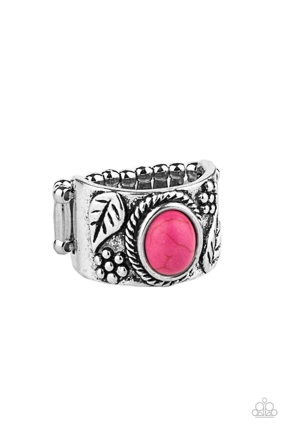 Paparazzi Accessories Free-Spirit med Fields - Pink Embossed in leafy floral patterns, the center of a thick silver band is adorned with an oval pink stone for a seasonal flair. Features a stretchy band for a flexible fit. Sold as one individual ring. Jew