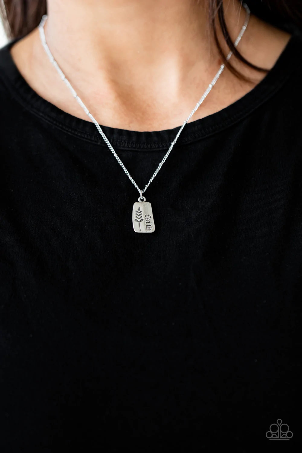 Paparazzi Accessories Faith Over Fear - Silver Stamped in a leafy accent, an asymmetrical silver plate is stamped in the word, "Faith," creating a dainty pendant below the collar. Features an adjustable clasp closure. Sold as one individual necklace. Incl