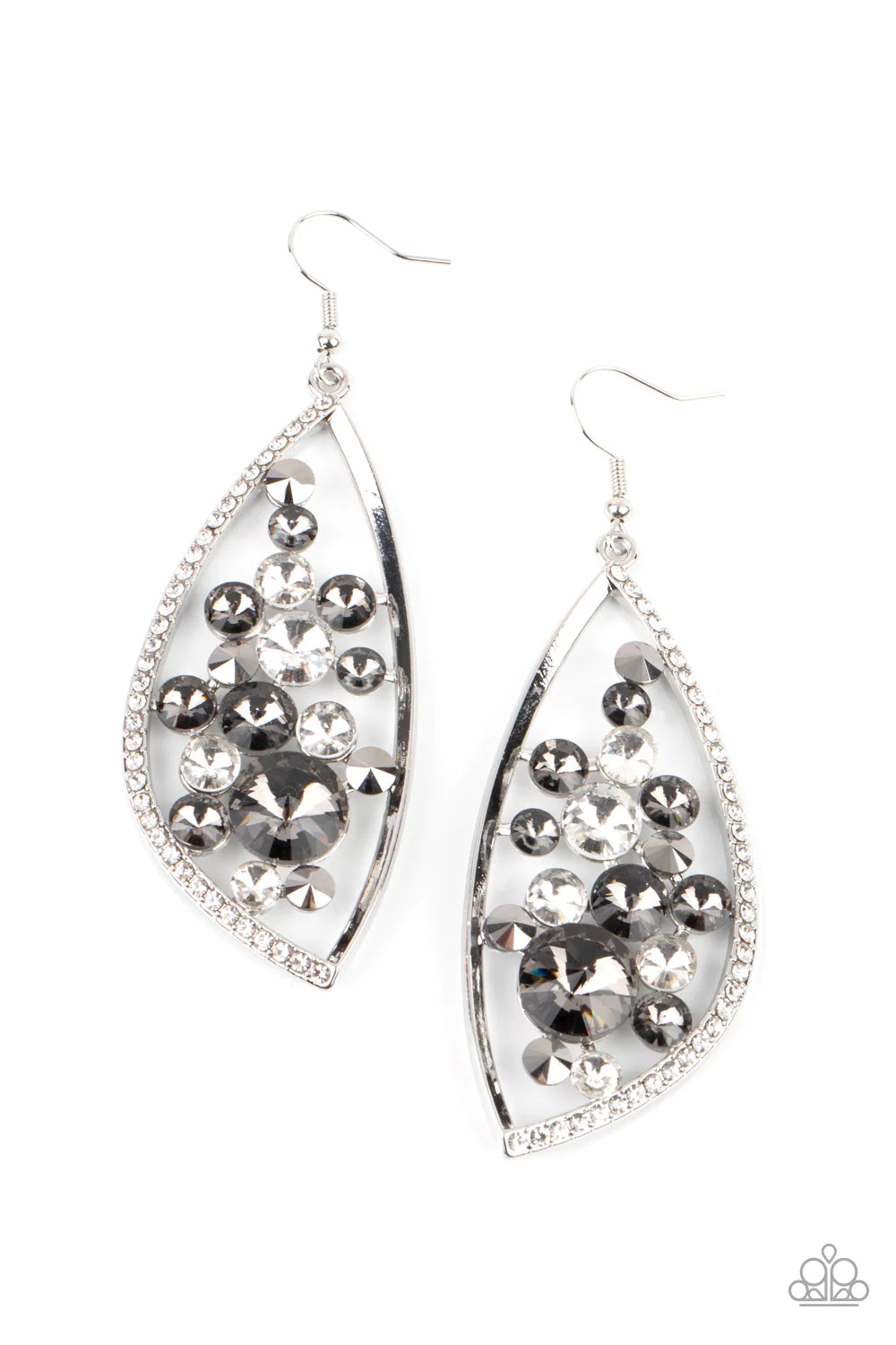 Paparazzi Accessories Sweetly Effervescent - Silver A bubbly collection of white, smoky, and hematite rhinestones coalesce inside an asymmetrical silver frame. One side of the frame is encrusted in glassy white rhinestones, adding a refined flair to the b