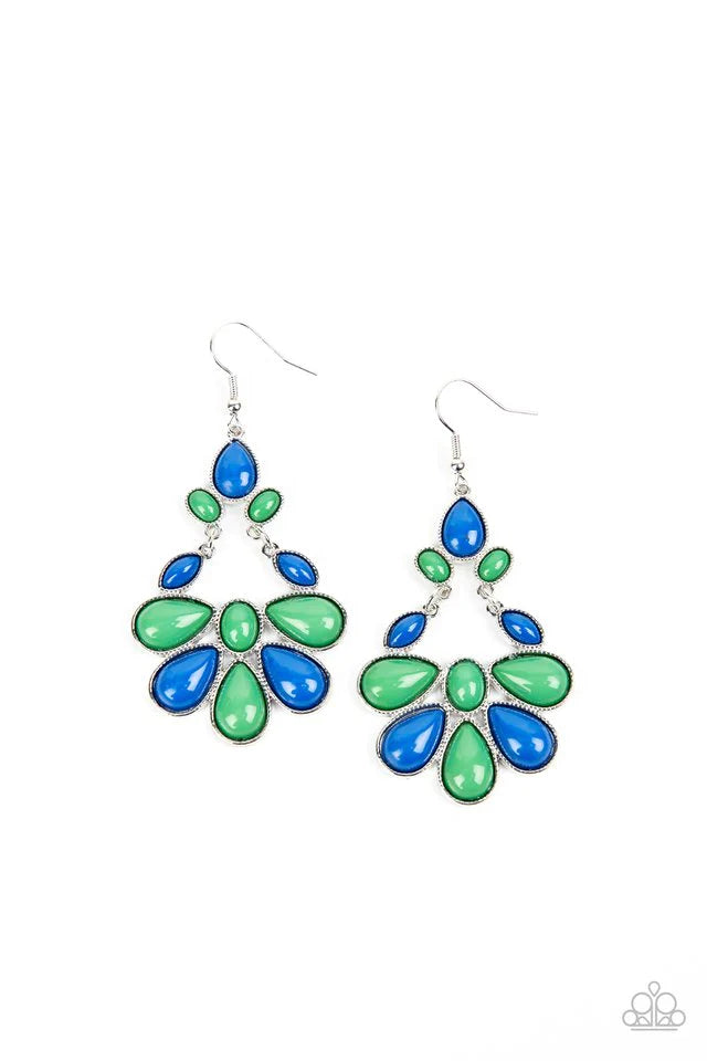 Paparazzi Accessories Colorfully Canopy - Multi Encased in textured silver fittings, a mismatched collection of oval, marquise, and teardrop Mykonos Blue and Leprechaun beads connect and link into a vivacious lure. Earring attaches to a standard fishhook