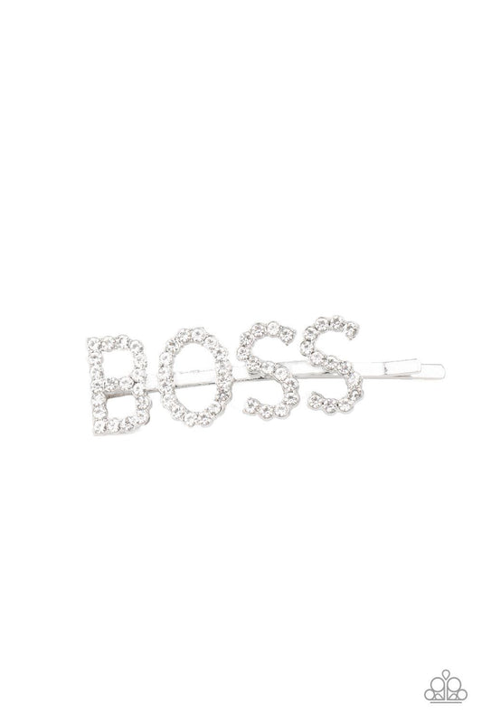 Paparazzi Accessories Yas Boss! - White Encrusted in glassy white rhinestones, glistening silver letters spell out the word, "BOSS," across the front of a silver bobby pin for a glamorous look. Sold as one individual decorative bobby pin. Hair Accessories