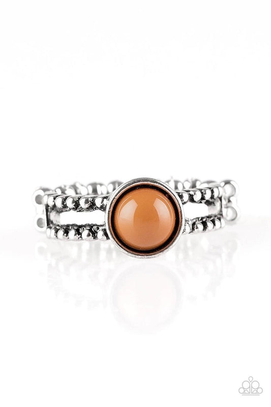 Paparazzi Accessories TREK and Field - Brown An earthy brown bead is pressed into the center of a dainty silver band radiating with studded detail for a seasonal look. Features a dainty stretchy band for a flexible fit. Sold as one individual ring. Jewelr