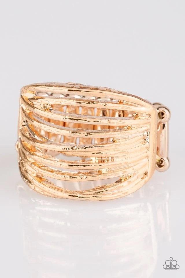 Paparazzi Accessories Give Me Space - Gold Glistening rose gold bands race across the finger, creating an airy layered band. Features a stretchy band for a flexible fit. Sold as one individual ring. Jewelry