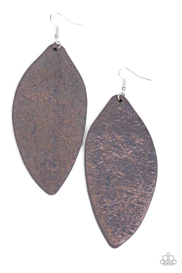 Paparazzi Accessories Eden Radiance - Multi Featuring an oil spill iridescence, a leaf-like leather frame swings from the ear for a colorfully retro look. Earring attaches to a standard fishhook fitting. Sold as one pair of earrings. Jewelry
