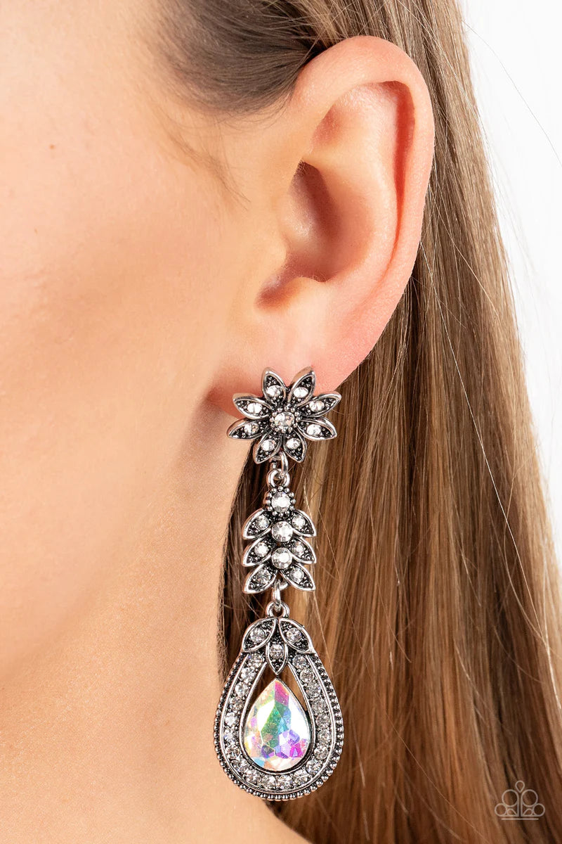 Paparazzi Accessories Floral Fantasy - Multi Dotted in dainty white rhinestones, a studded silver flower gives way to a leafy frame that is delicately suspended above a decorative white rhinestone dotted teardrop frame. An oversized teardrop gem seemingly
