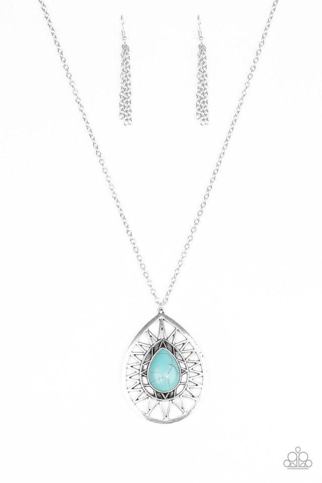 Paparazzi Accessories Summer Sunbeam - Blue A refreshing turquoise stone is pressed into the center of a large silver teardrop radiating with shimmery sunburst patterns. The tribal inspired pendant swings from the bottom of a lengthened silver chain for a