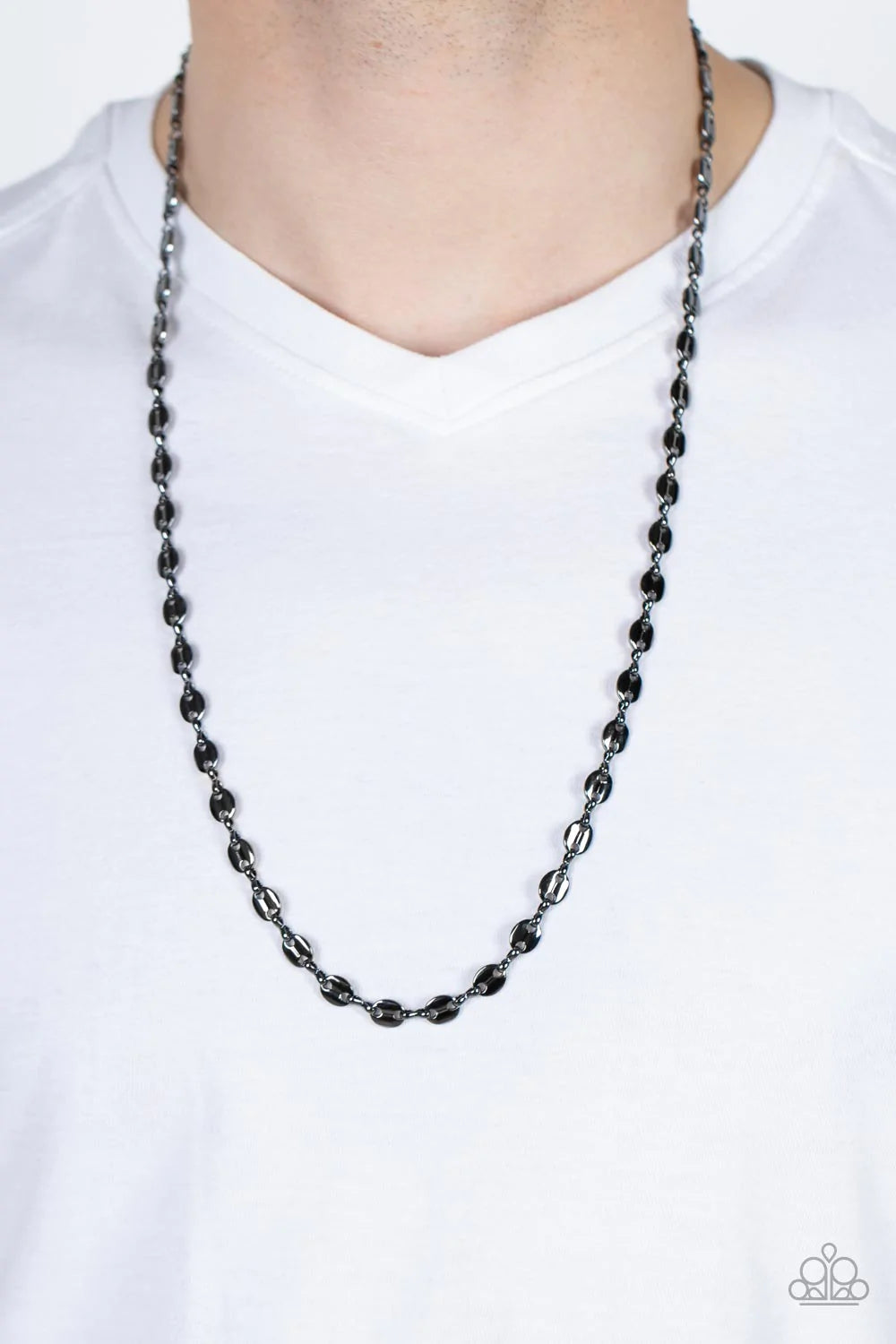 Paparazzi Accessories Come Out Swinging - Black Gunmetal infinity links boldly connect with beveled oval discs, creating an intense industrial chain across the chest. Features an adjustable clasp closure. Sold as one individual necklace. Jewelry