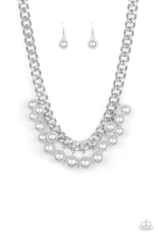 Paparazzi Accessories Get Off My Runway - Silver Bubbly silver pearls swing from the bottom of a hefty silver chain, creating a dramatic fringe below the collar. Features an adjustable clasp closure. Sold as one individual necklace. Includes one pair of m
