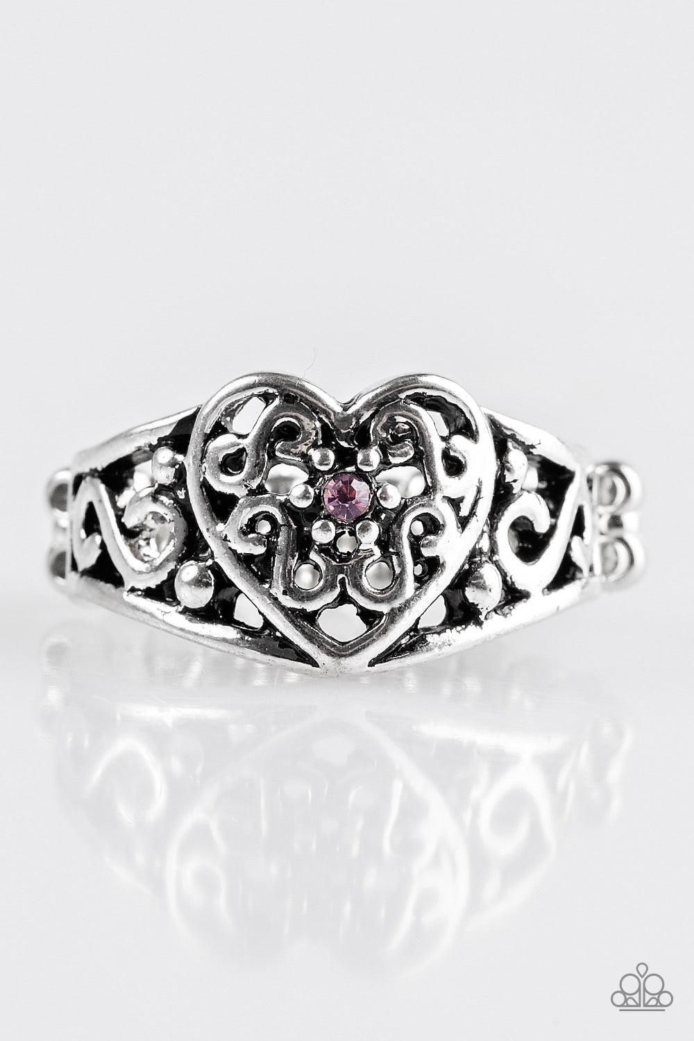 Paparazzi Accessories Dearly Beloved - Purple A dainty purple rhinestone dots the center of an ornate heart frame for a vintage inspired look. Features a dainty stretchy band for a flexible fit. Jewelry