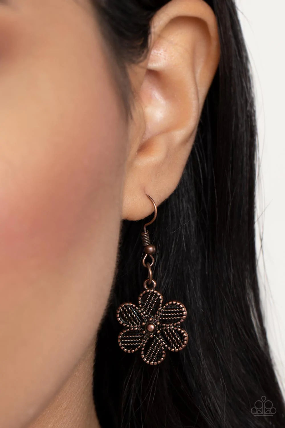 Paparazzi Accessories Basketful Of Blossoms - Copper Featuring metallic wicker-like patterns, stacks of teardrop and heart shaped filigree-filled copper petals delicately link into a decorative row of flowers. The floral frames gradually increase in size