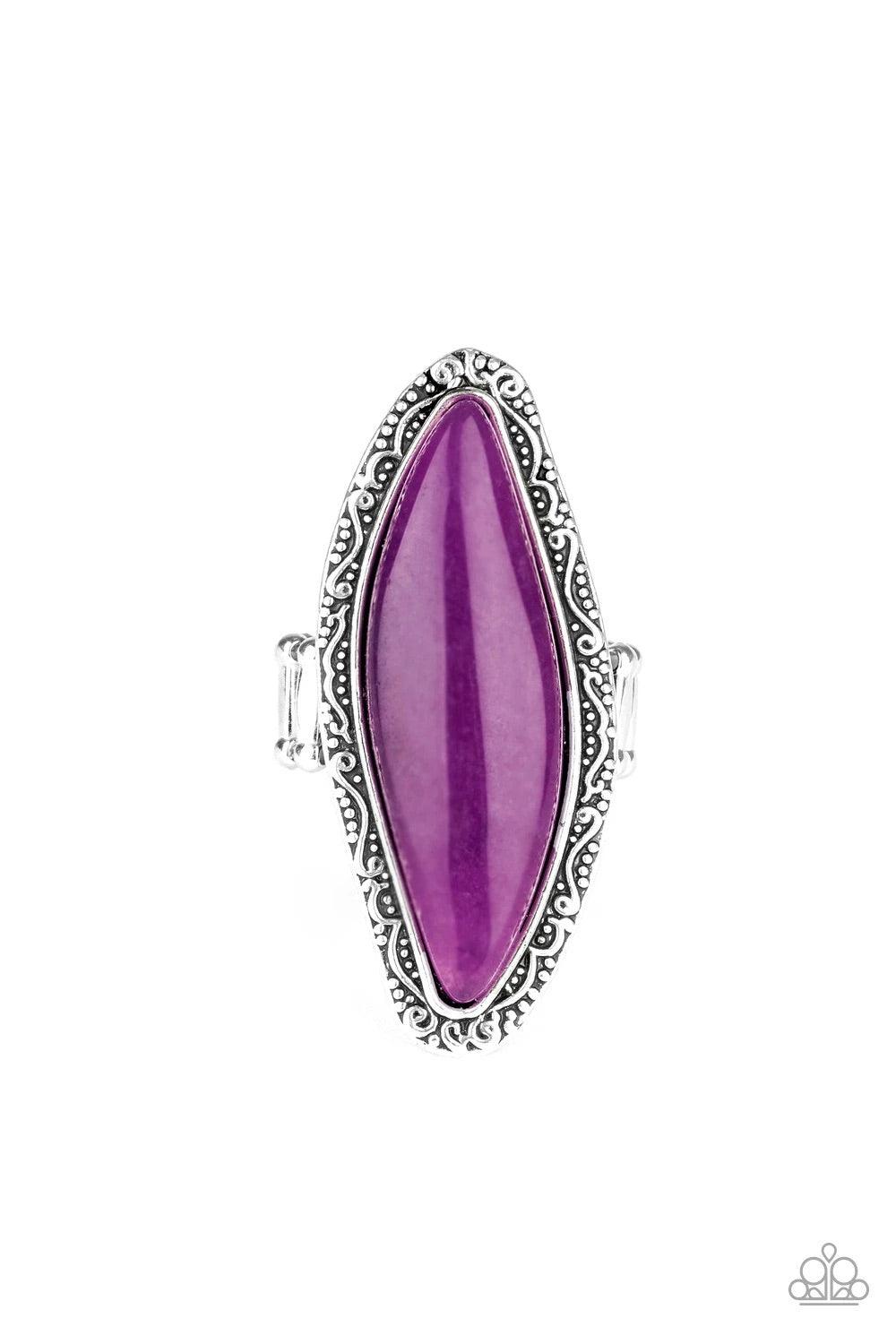 Paparazzi Accessories Mineral Mine - Purple An oblong sparkling purple stone is pressed into a shimmery silver frame embossed and studded in tactile filigree, creating a dramatic stone display atop the finger. Features a stretchy band for a flexible fit.S
