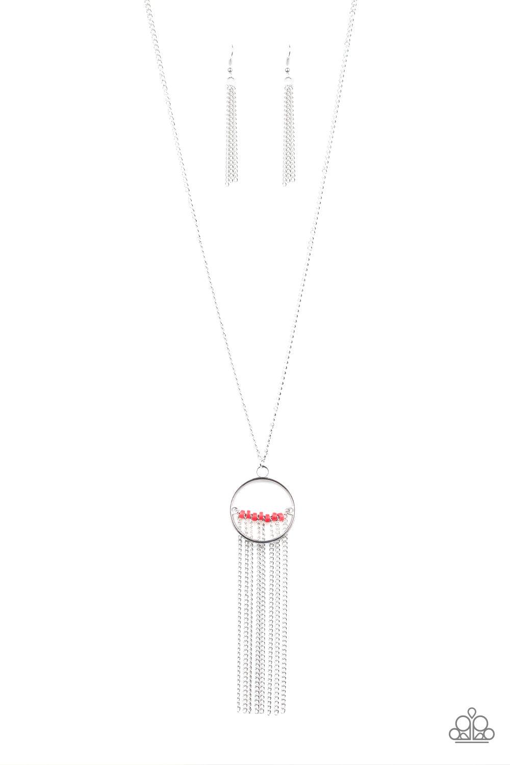 Paparazzi Accessories Terra Tassel - Red Infused with a shimmery silver chain fringe, a row of red beads is threaded along a silver rod that is fitted in place inside the center of an airy silver ring. The colorful pendant swings from the bottom of a leng