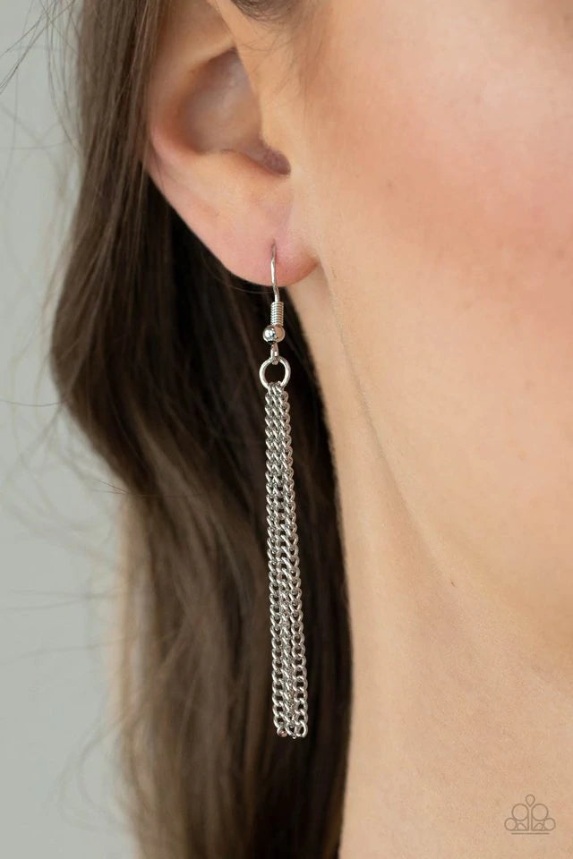 Paparazzi Accessories Join The Circle - Silver A set of concentric silver circles connected by flat silver discs swings from a lengthened silver chain. A soft silver fringe sways from the bottom ring for an elemental approach. Features an adjustable clasp