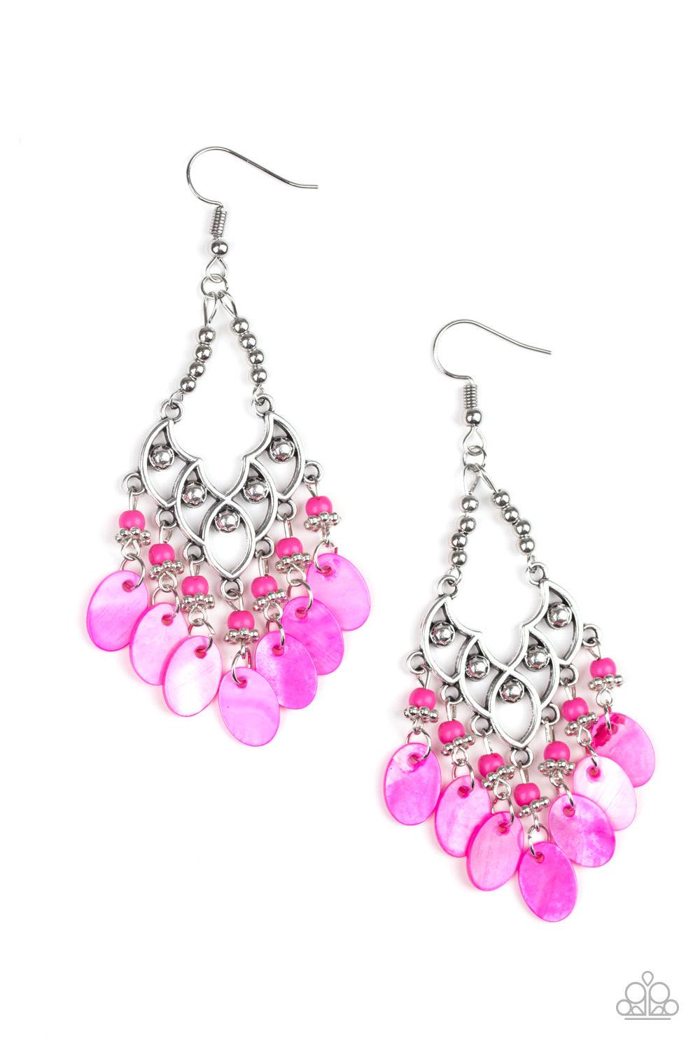 Paparazzi Accessories Shore Bait - Pink Shell-like discs and dainty pink beads dangle from the bottom of an ornately studded frame, creating a summery fringe. Earring attaches to a standard fishhook fitting. Jewelry