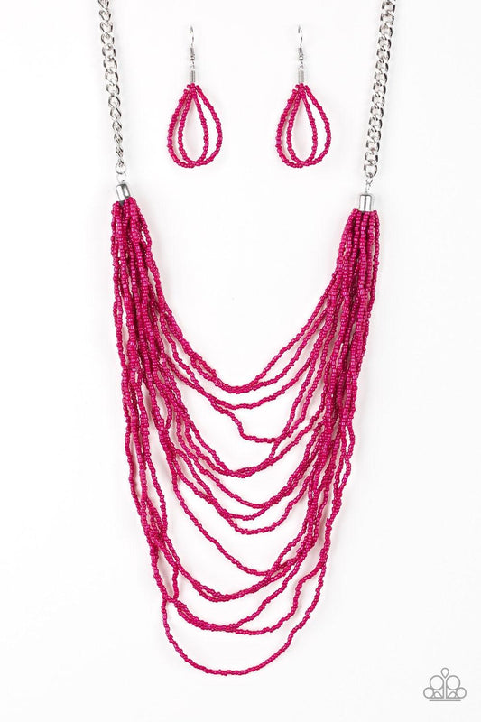 Paparazzi Accessories Bora Bombora - Pink Row after row of pink seed beads cascade down the chest, creating summery layers. Features an adjustable clasp closure. Jewelry