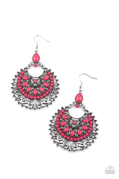 Paparazzi Accessories Laguna Leisure - Pink Featuring the flamboyant shade of Pink Peacock, a dainty collection of round and teardrop pink beads embellish the front of a decoratively studded and filigree filled silver frame for a whimsical splash of color