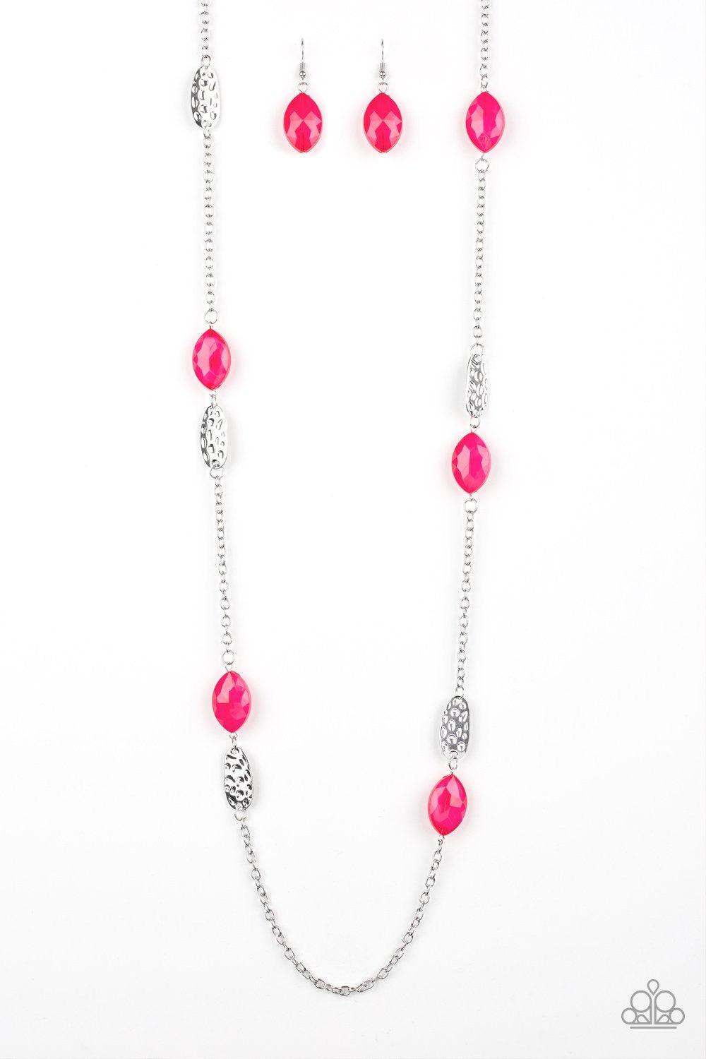 Paparazzi Accessories Beachfront Beauty - Pink Featuring an opaque finish, glassy pink beads join hammered silver frames along a shimmery silver chain, creating a colorful collision across the chest. Features an adjustable clasp closure. Jewelry
