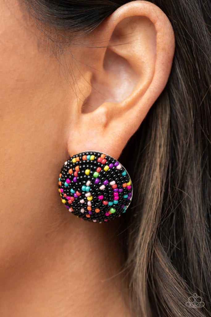 Paparazzi Accessories Kaleidoscope Sky - Black A bubbly assortment of dainty multicolored beads spins around the front of an oversized and beveled silver frame, resulting in a boisterous pop of kaleidoscopic color. Earring attaches to a standard post fitt