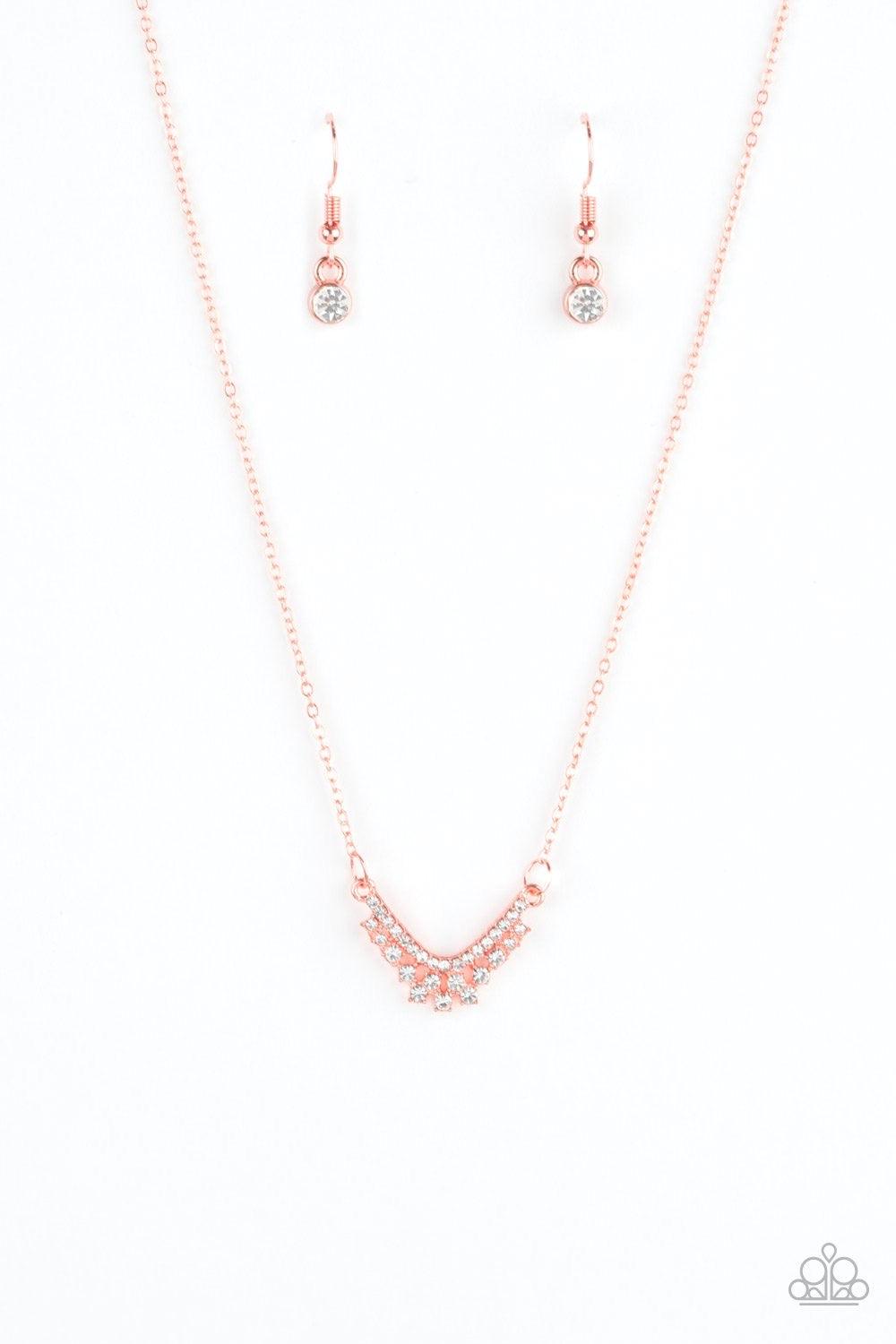 Paparazzi Accessories Classically Classic - Copper Encrusted in glassy white rhinestones, a dainty shiny copper pendant delicately bows below the collar in a timeless fashion. Features an adjustable clasp closure. Jewelry