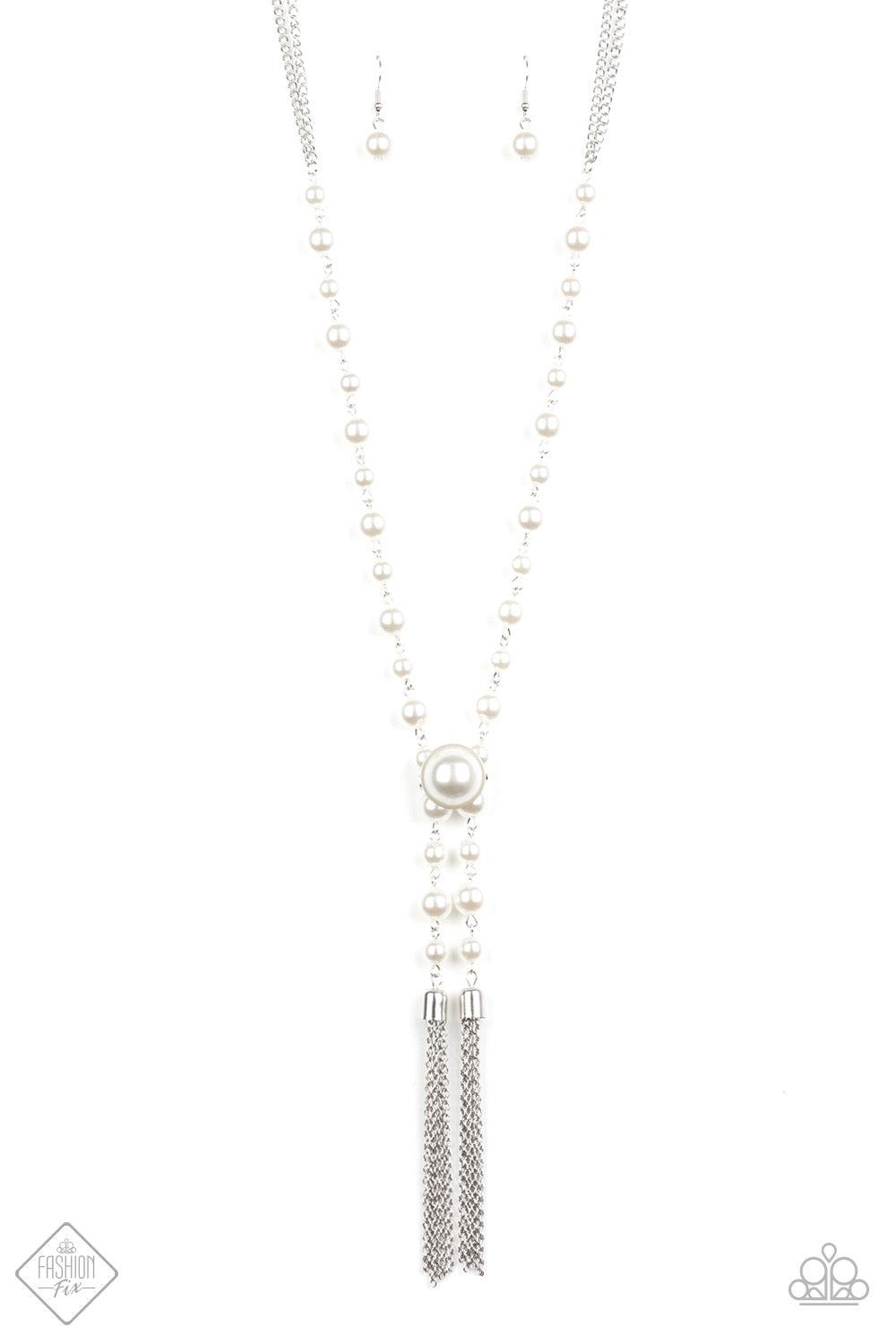 Paparazzi Accessories Vintage Diva ~White An open-ended strand of silver chain is dotted with elegant white pearls and finished off with two streaming silver tassels. An oversized pearl attached to a standard pin closure creates an adjustable fitting that