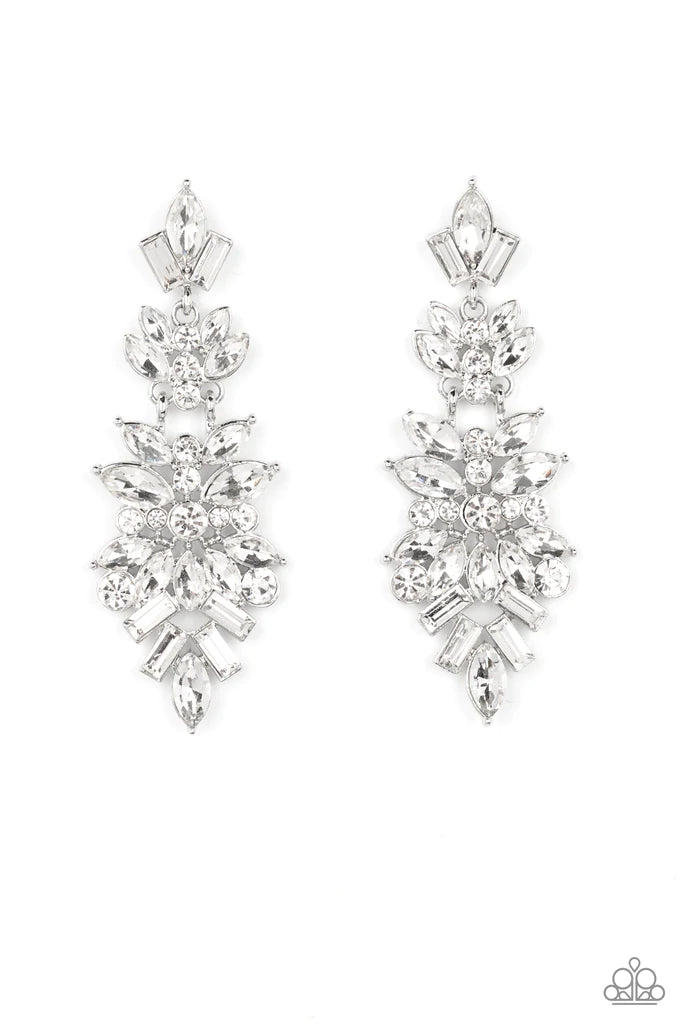 Paparazzi Accessories Frozen Fairytale - White Trestles of round, marquise, and emerald cut rhinestones cluster into three sparkly segments as they link into a jaw-dropping lure, resulting in an icy statement piece. Earring attaches to a standard post fit