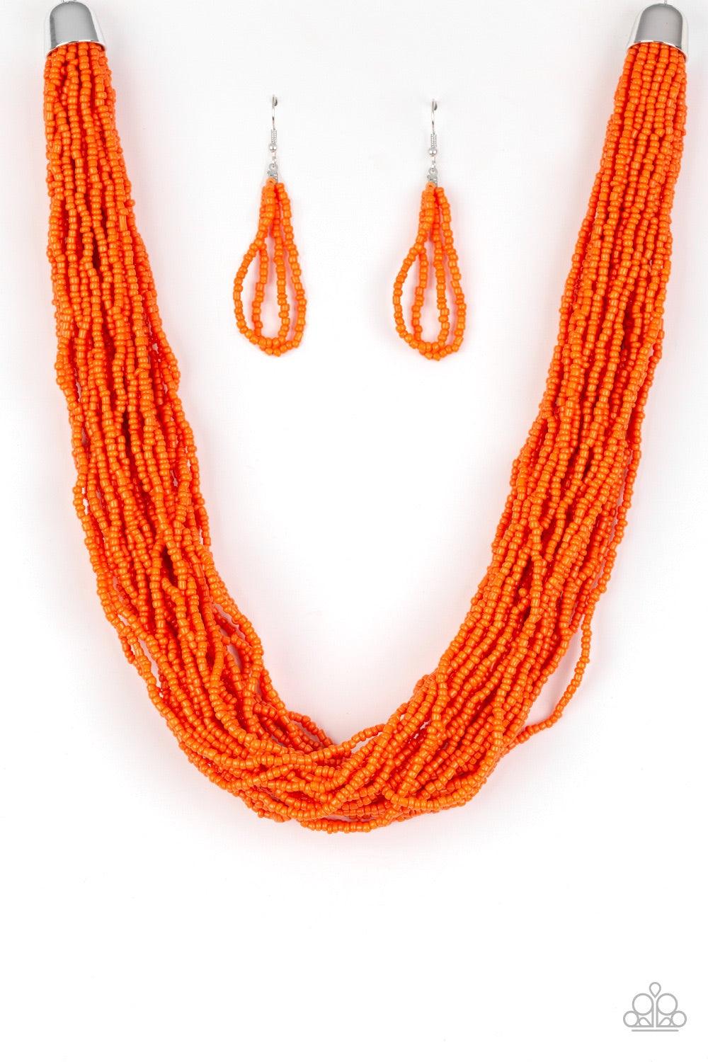Paparazzi Accessories The Show Must CONGO On - Orange Infused with two bold silver fittings, countless strands of vivacious orange seed beads drape below the collar for a seasonal look. Features an adjustable clasp closure. Jewelry