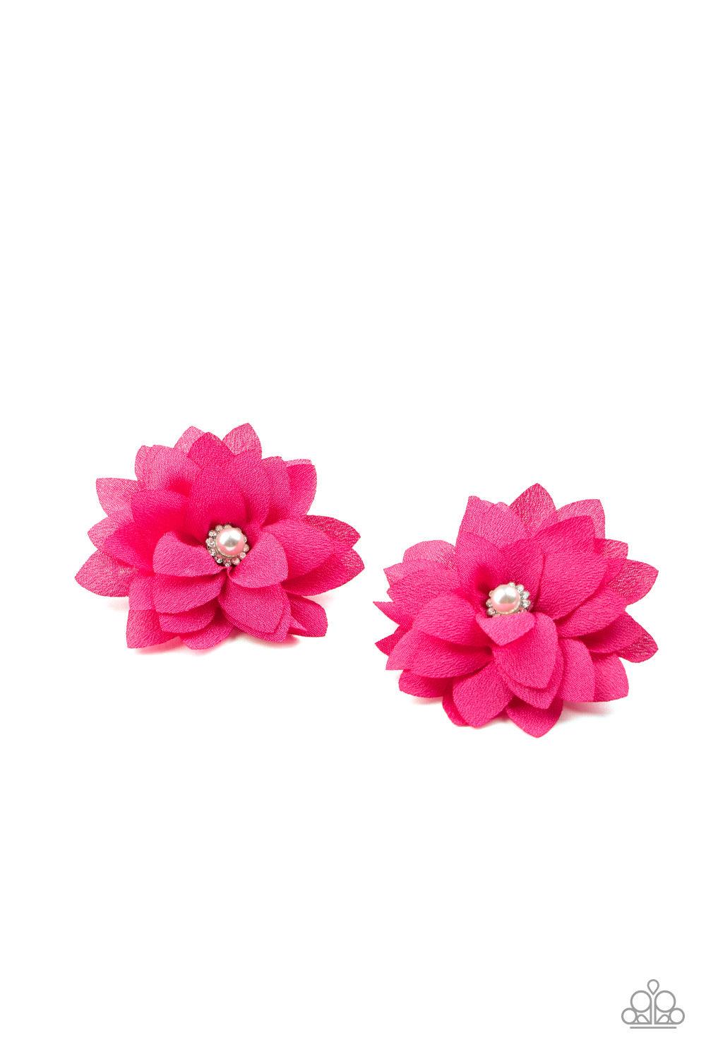 Paparazzi Accessories Things That Go BLOOM! - Pink Dotted with dainty white pearl and white rhinestone encrusted centerpieces, pink chiffon petals delicately bloom into a pair of elegant blossoms. Features standard hair clips. Sold as one pair of hair cli