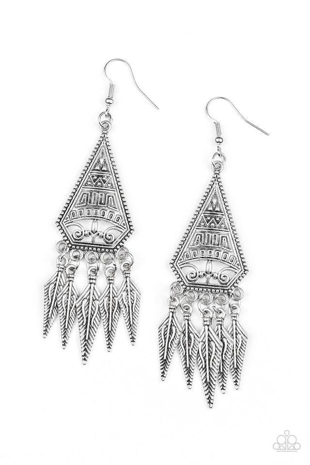 Paparazzi Accessories Me Oh MAYAN - Silver Embossed in tribal inspired patterns, a triangular frame gives way to shimmery silver feather-like frames, creating a free-spirited fringe. Earring attaches to a standard fishhook fitting. Jewelry