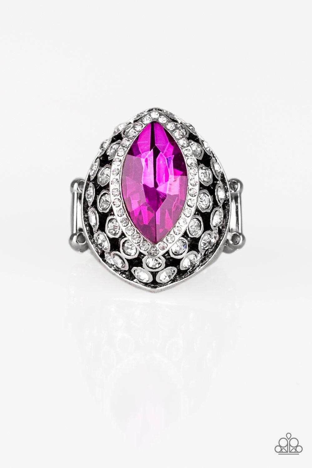 Paparazzi Accessories Royal Radiance - Pink Featuring a regal marquise style cut, a pink rhinestone is pressed into the center of a silver frame radiating with glittery white rhinestones for a blinding finish. Features a stretchy band for a flexible fit.