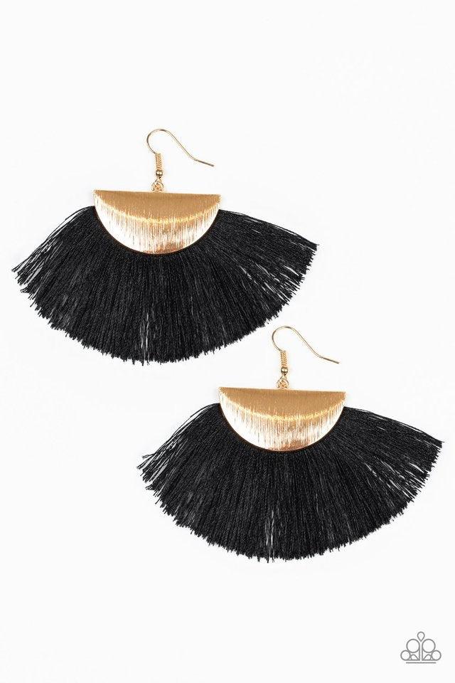 Paparazzi Accessories Fox Trap - Black A fan of shiny black thread flares out from the bottom of a shimmery gold crescent frame, creating a foxy fringe. Earring attaches to a standard fishhook fitting. Jewelry