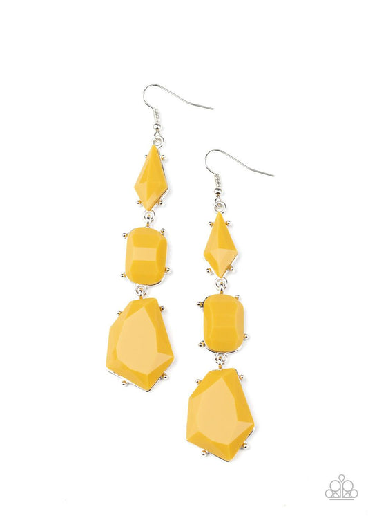 Paparazzi Accessories Geo Getaway - Yellow Varying in shape, imperfectly faceted yellow beads are encased in studded silver frames as they delicately link into a colorful lure. Earring attaches to a standard fishhook fitting. Sold as one pair of earrings.