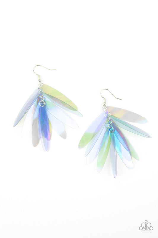 Paparazzi Accessories Holographic Glamour - Blue Featuring an iridescent shimmer, elongated oval sequins swing from a dainty section of silver chain, creating a colorfully clustered fringe. Earring attaches to a standard fishhook fitting. Sold as one pair