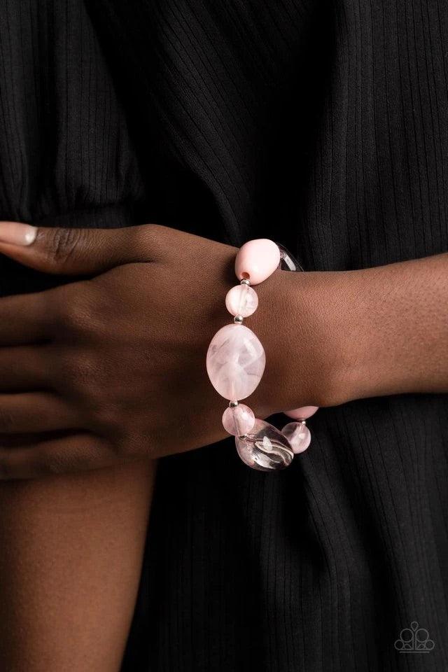 Paparazzi Accessories I Need A STAYCATION - Pink Featuring glassy, opaque, and solid finishes, an array of pink faux stone beads and dainty silver beads are threaded along a stretchy band around the wrist for a boldly colorful fashion. Jewelry