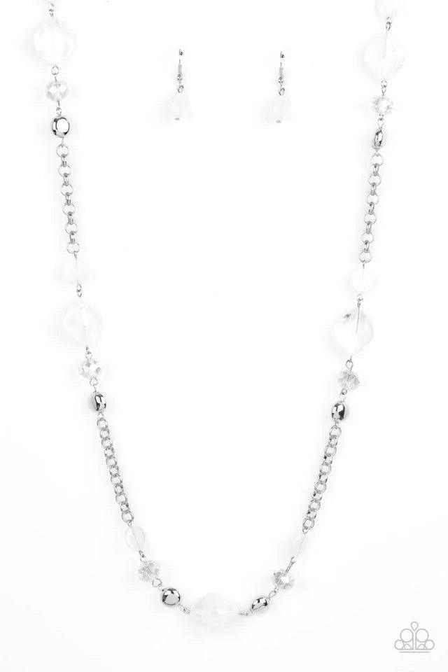 Paparazzi Accessories Light-Scattering Luminosity - White A shimmery collection of cloudy glassy-like beads, faceted metallic-flecked crystal-like beads and flat silver beads connect along sections of silver chains, creating a whimsical display across the