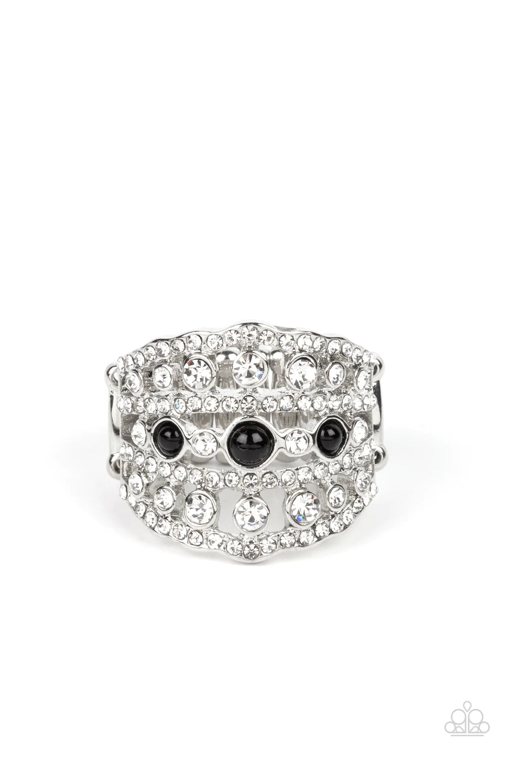 Paparazzi Accessories Sailboat Bling Layers of dainty silver bands, encrusted with sparkling white rhinestones, are accented with a trio of dainty black beads on the centermost band. The stacked layers sweep across the finger, making an exquisite centerpi