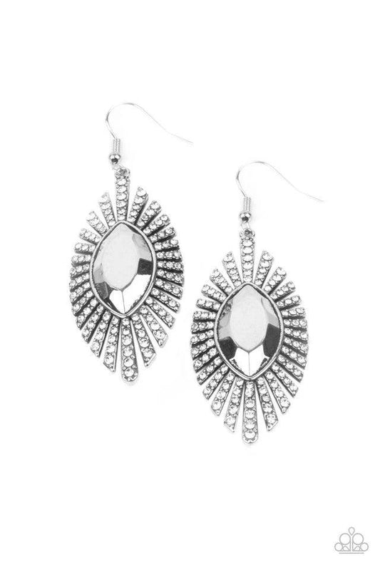 Paparazzi Accessories Who Is The Fiercest Of Them All - White Dotted in dainty white rhinestones, flared rectangular frames fan out from an oversized marquise shaped center, creating a dramatic effect. Earring attaches to a standard fishhook fitting. Sold