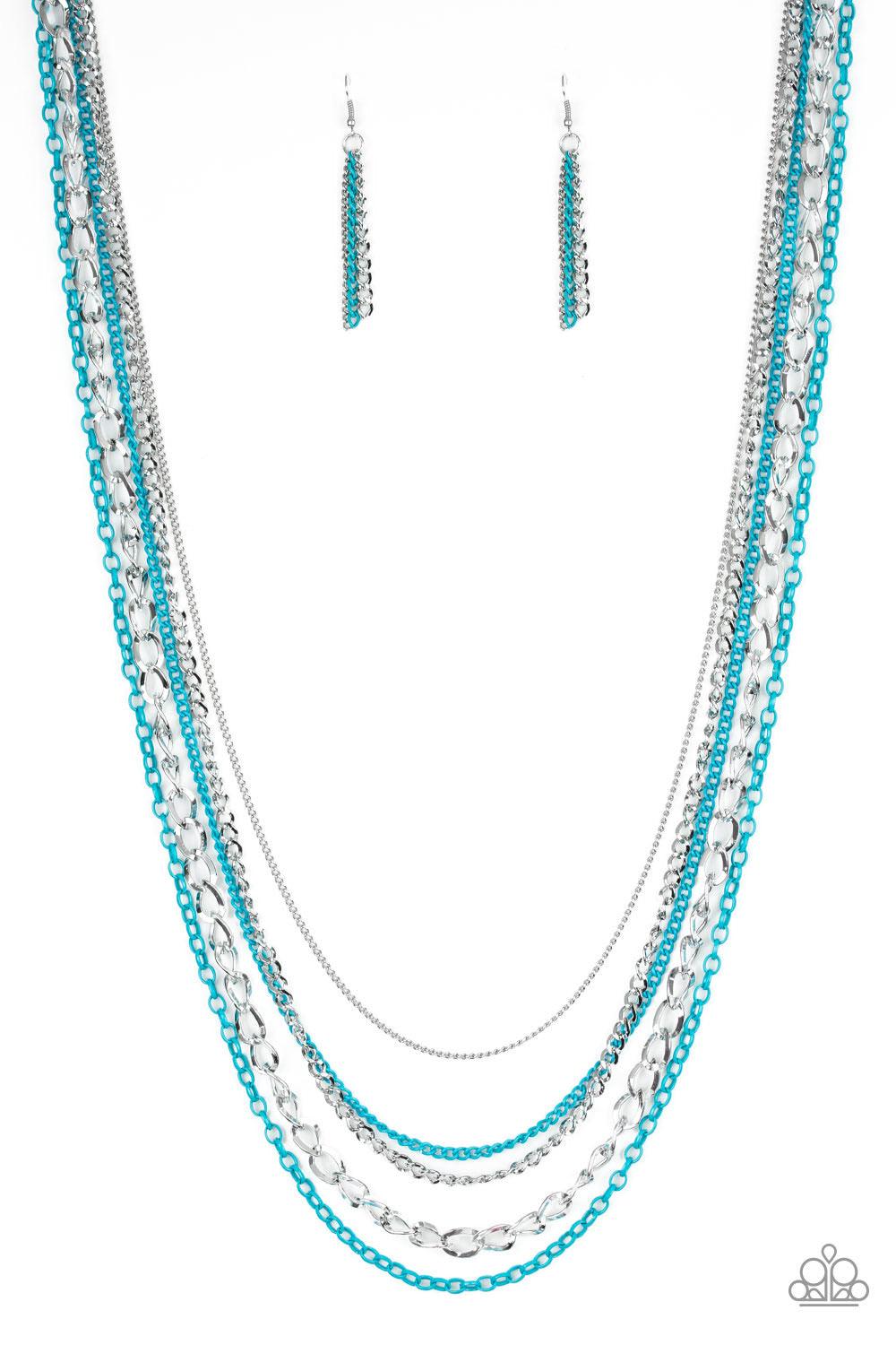 Paparazzi Accessories Industrial Vibrance - Blue A collision of mismatched silver and vivacious blue chains layer down the chest for a colorful industrial flair. Features an adjustable clasp closure. Jewelry