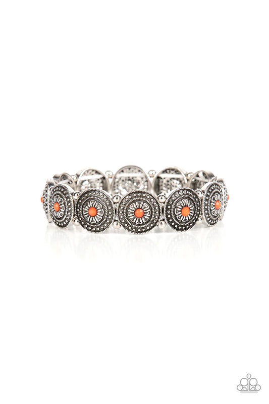 Paparazzi Accessories Granada Garden Party - Orange Dotted with faceted orange beaded centers, a studded collection of floral silver frames alternate with dainty silver beads along stretchy bands around the wrist for a whimsical pop of color. Sold as one