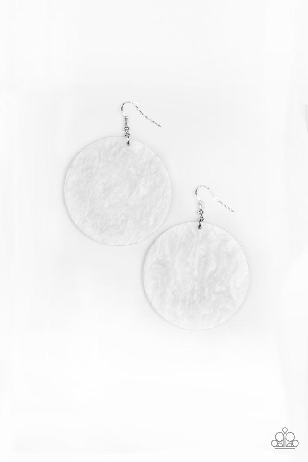 Paparazzi Accessories SEA Where It Goes - White Brushed in a shell-like iridescence, a shimmering white disc swings from the ear for a retro look. Earring attaches to a standard fishhook fitting. Jewelry