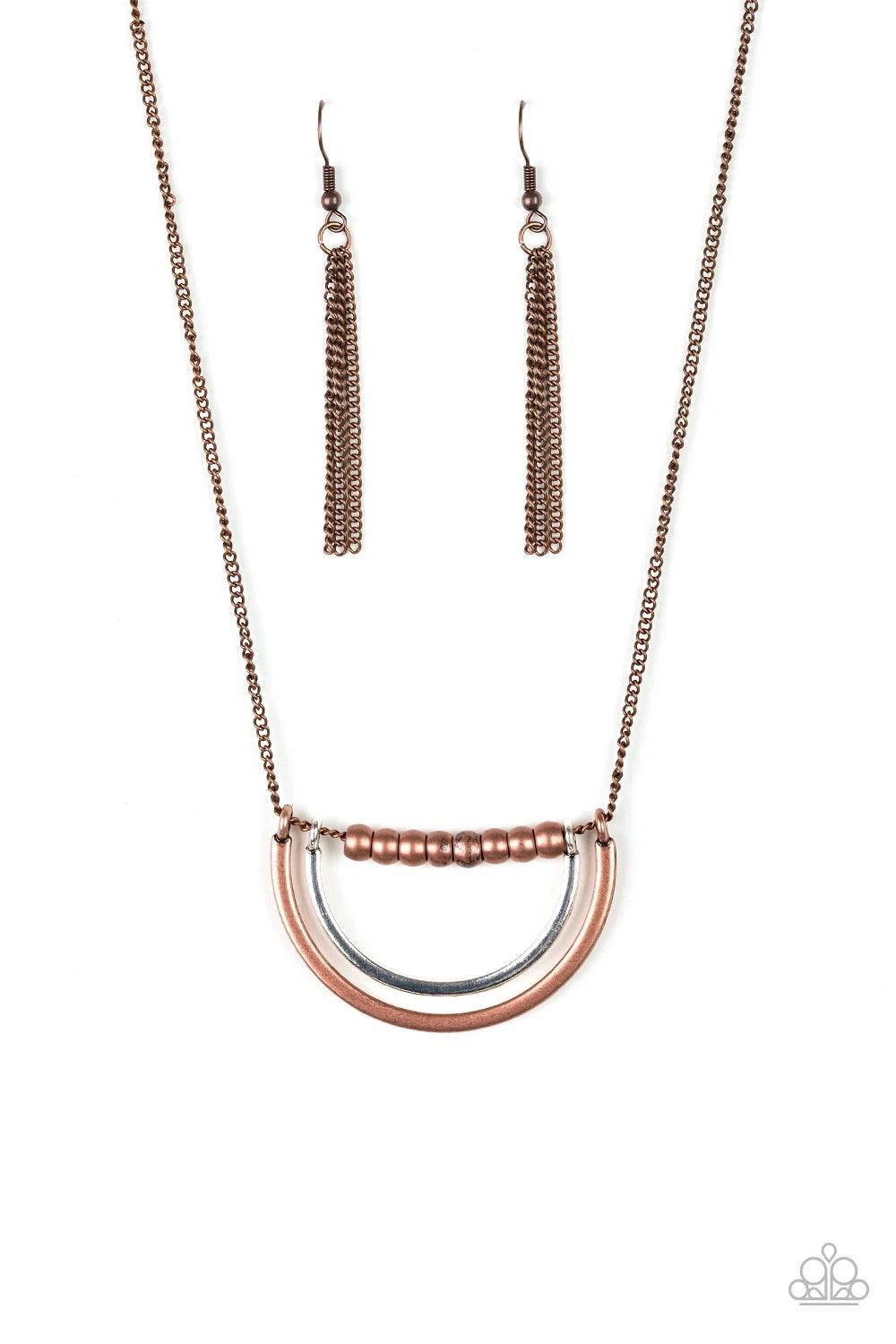 Paparazzi Accessories Artificial Arches - Copper A strand of shiny copper beads give way to bowing silver and copper frames, creating an edgy pendant below the collar. Features an adjustable clasp closure. Sold as one individual necklace. Includes one pai