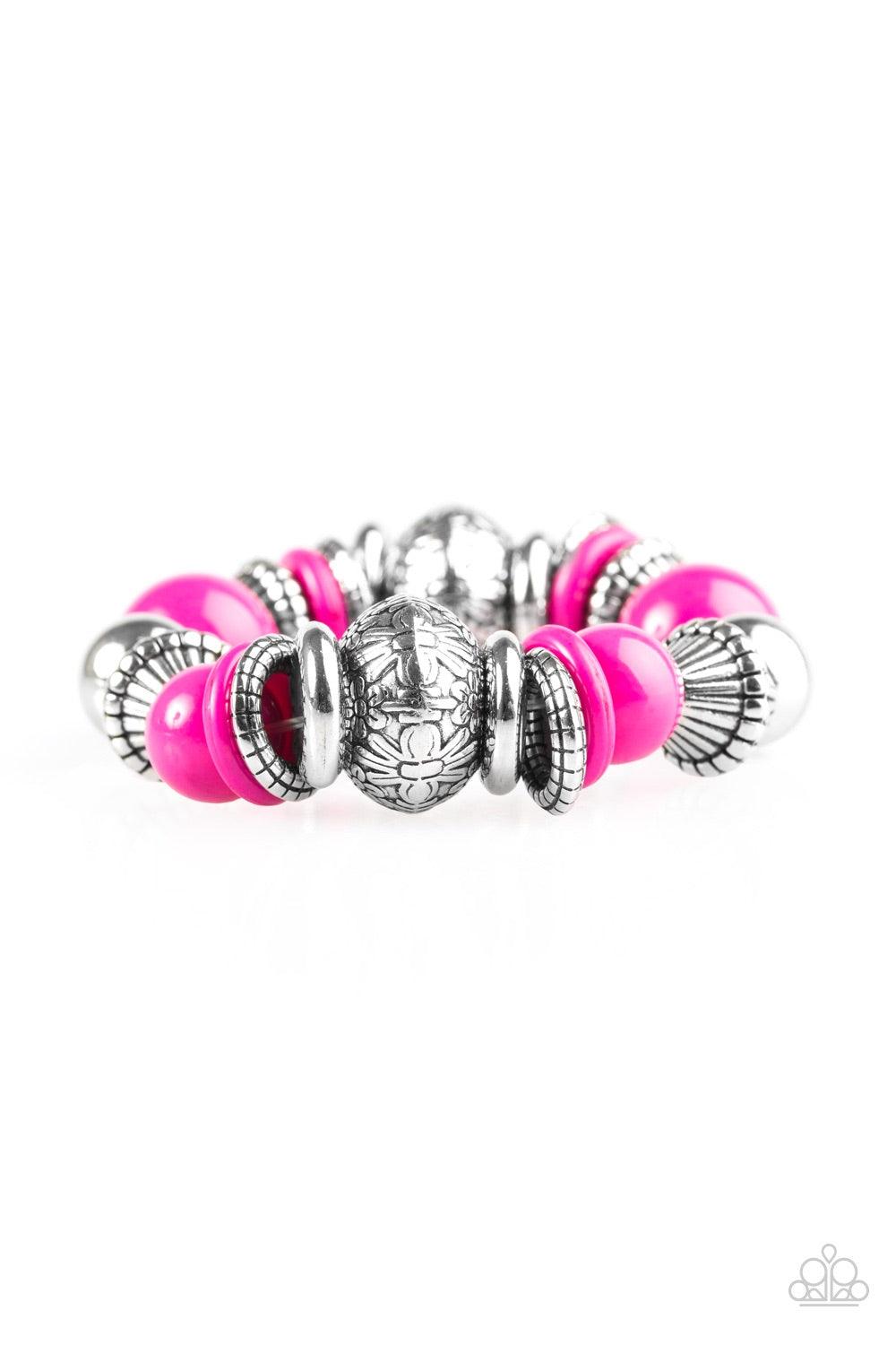 Paparazzi Accessories Seize The Season - Pink Embossed in a whimsical floral pattern, chunky silver beads, mismatched silver accents, and vivacious pink beads are threaded along an elastic stretchy band for a seasonal look. Jewelry