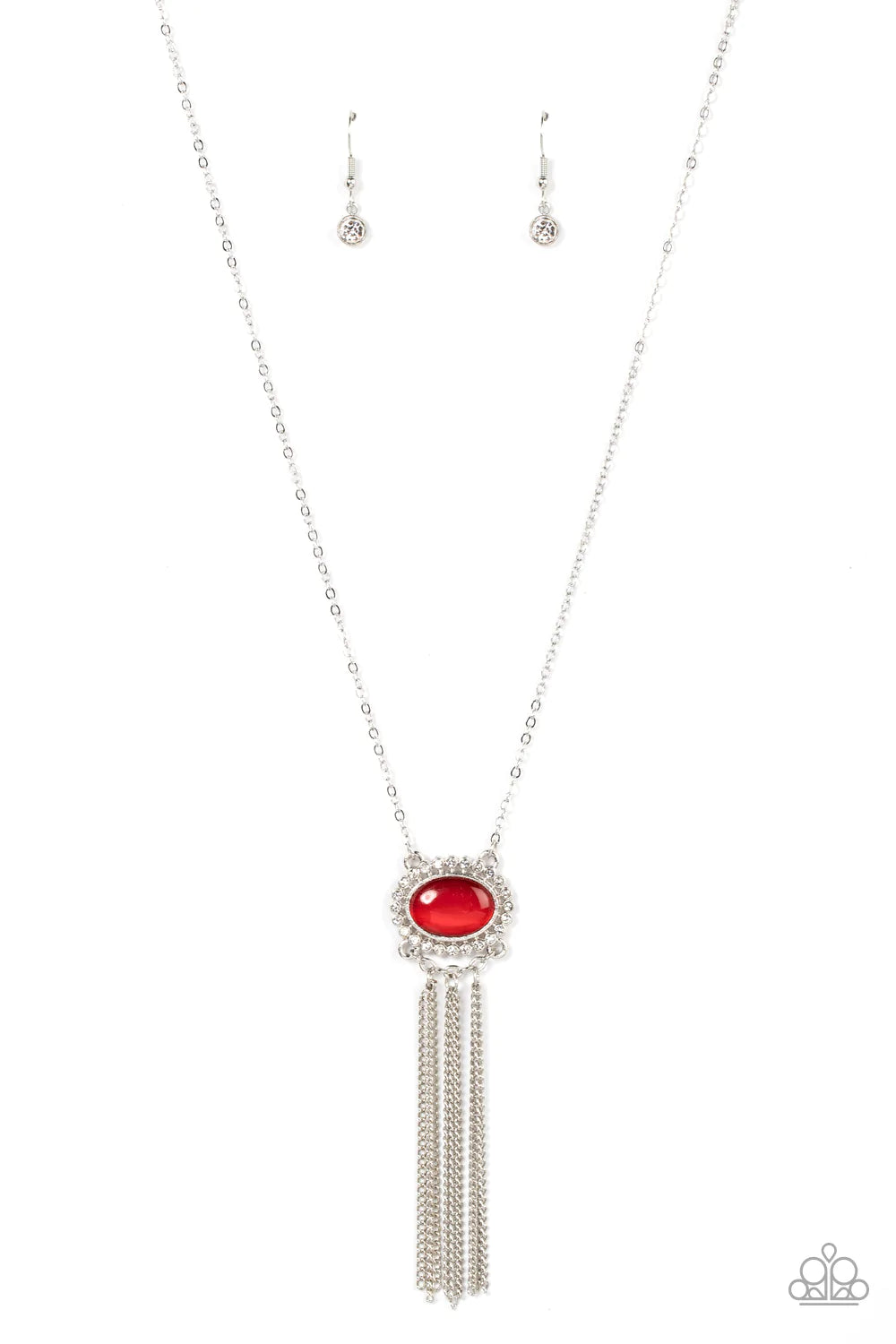 Paparazzi Accessories Happily Ever Ethereal - Red Attached to silver prongs, glassy white rhinestones radiate out from a red cat's eye stone at the bottom of a dainty silver chain. A curtain of shimmery silver chains streams from the bottom of the etherea