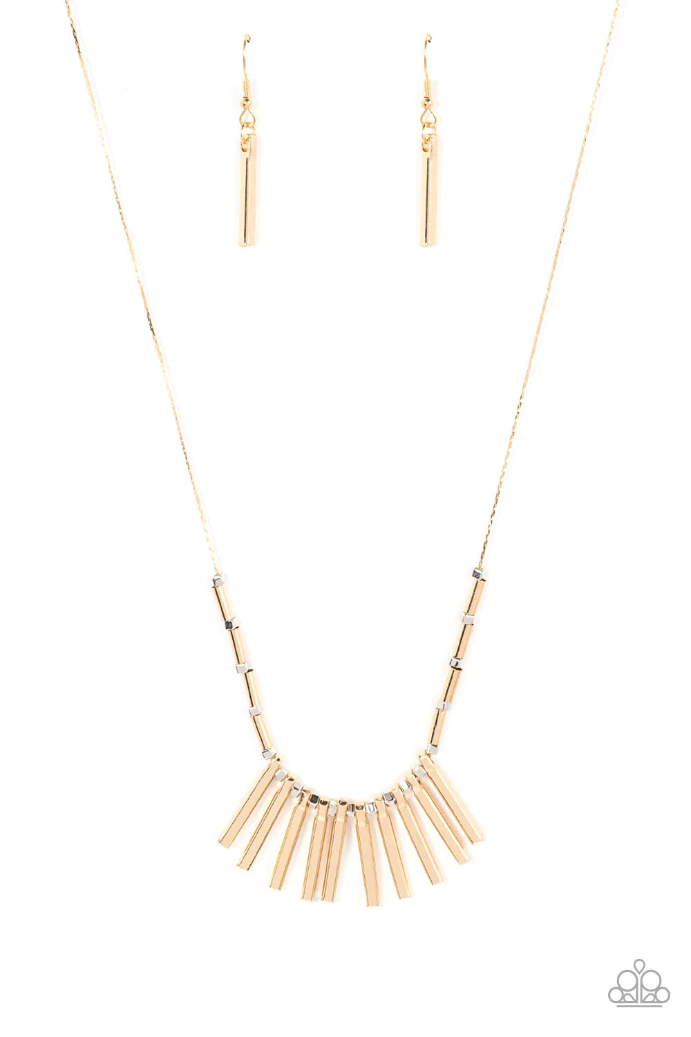 Paparazzi Accessories Rustic Hot Rod - Gold Infused with dainty silver cube and cylindrical gold beads, a fringe of gold rectangular rods alternates with silver cube beads across the chest for an edgy, mixed metallic fashion. Features an adjustable clasp