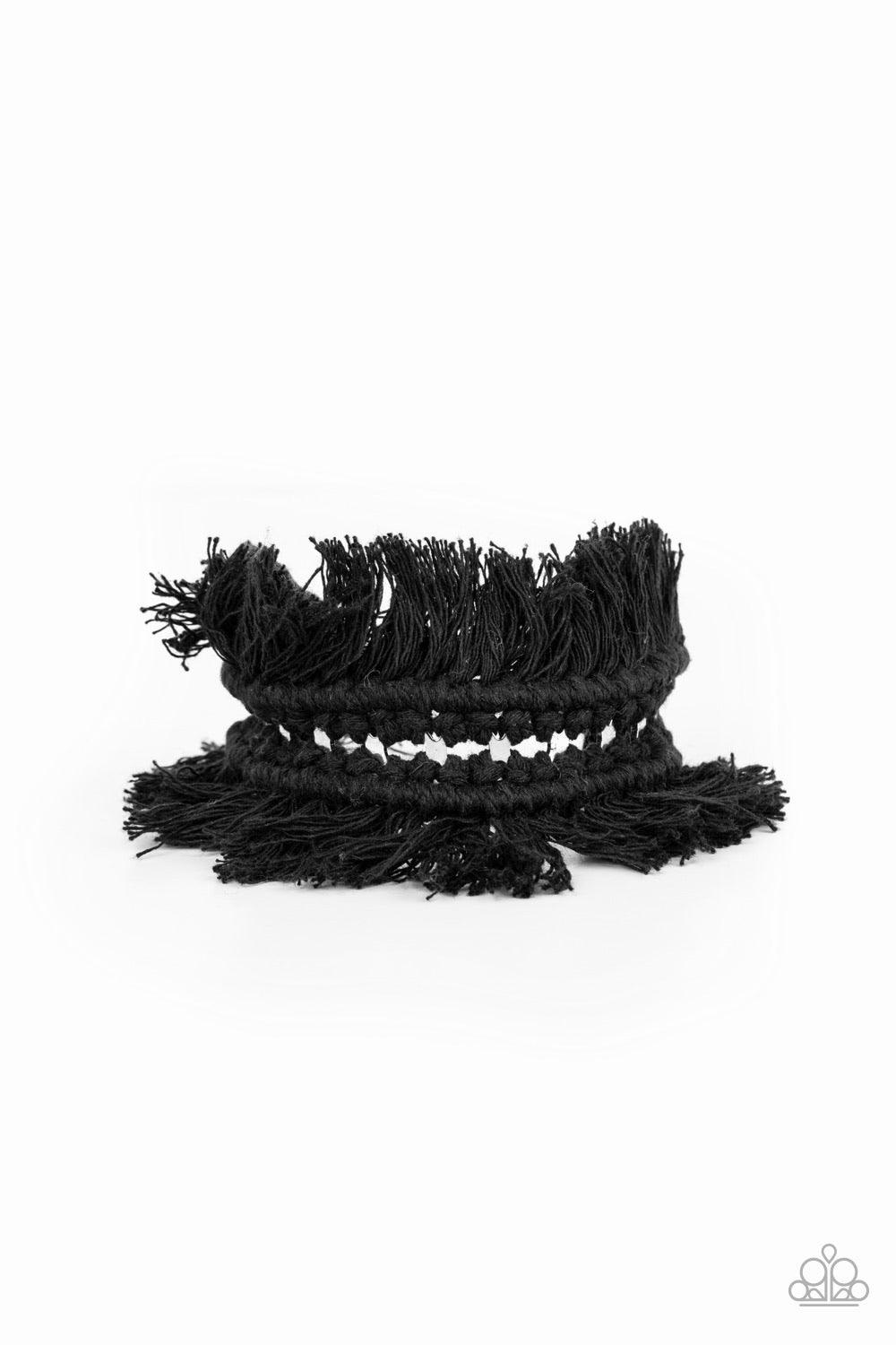 Paparazzi Accessories Homespun Hardware - Black Black thread decoratively knots around an airy silver cuff, creating a macramé inspired fringe around the wrist. Sold as one individual bracelet. Jewelry