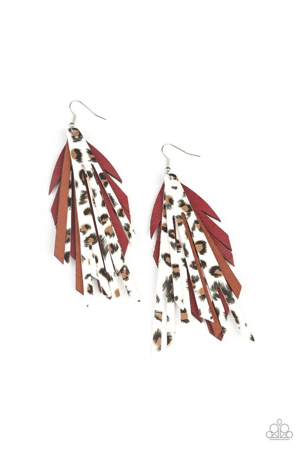 Paparazzi Accessories Untamable ~Red Strips of brown suede and cheetah patterned leather pieces layer atop a red leather feather backdrop, creating a wild fringe. Earring attaches to a standard fishhook fitting.Sold as one pair of earrings. Jewelry
