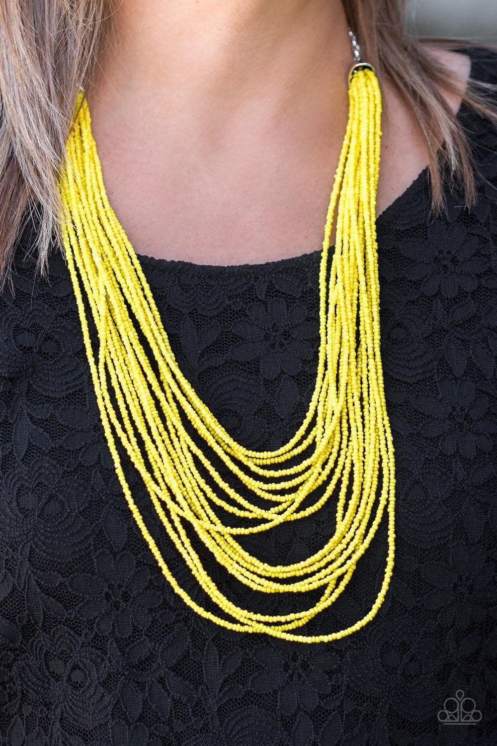 Paparazzi Accessories Peacefully Pacific - Yellow Infused with two bold silver fittings, row after row of sunny yellow seed beads layer across the chest for a seasonal fashion. Features an adjustable clasp closure. Sold as one individual necklace. Include